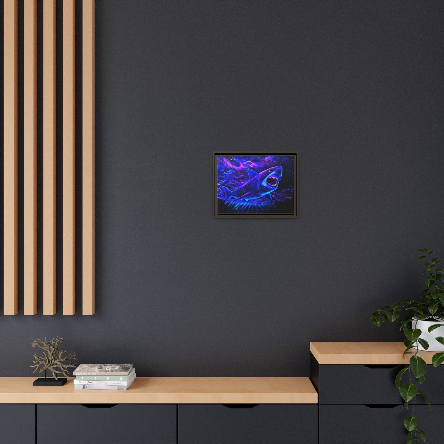 Neon Galaxy Shark Matte Canvas Framed Wall Art