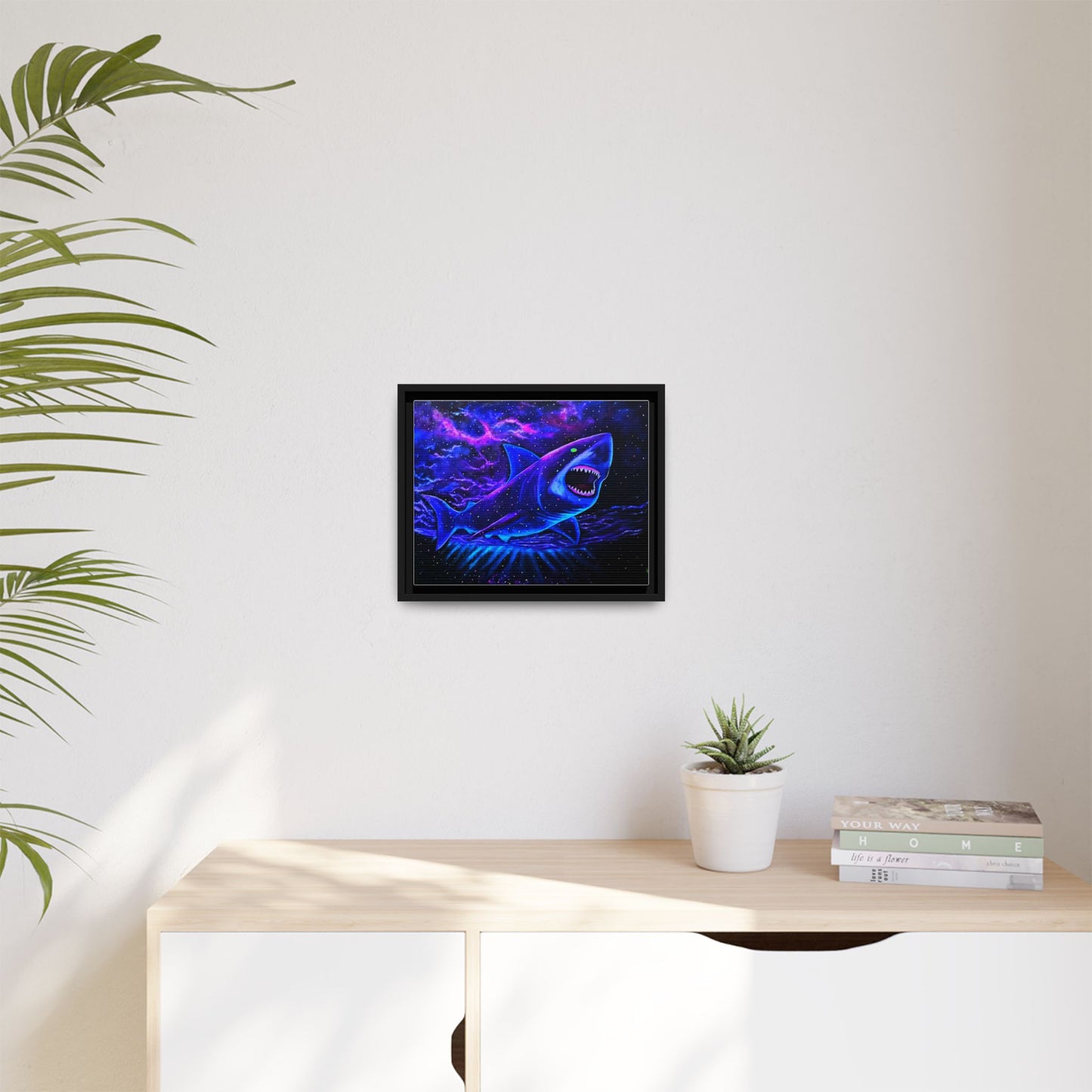 Neon Galaxy Shark Matte Canvas Framed Wall Art