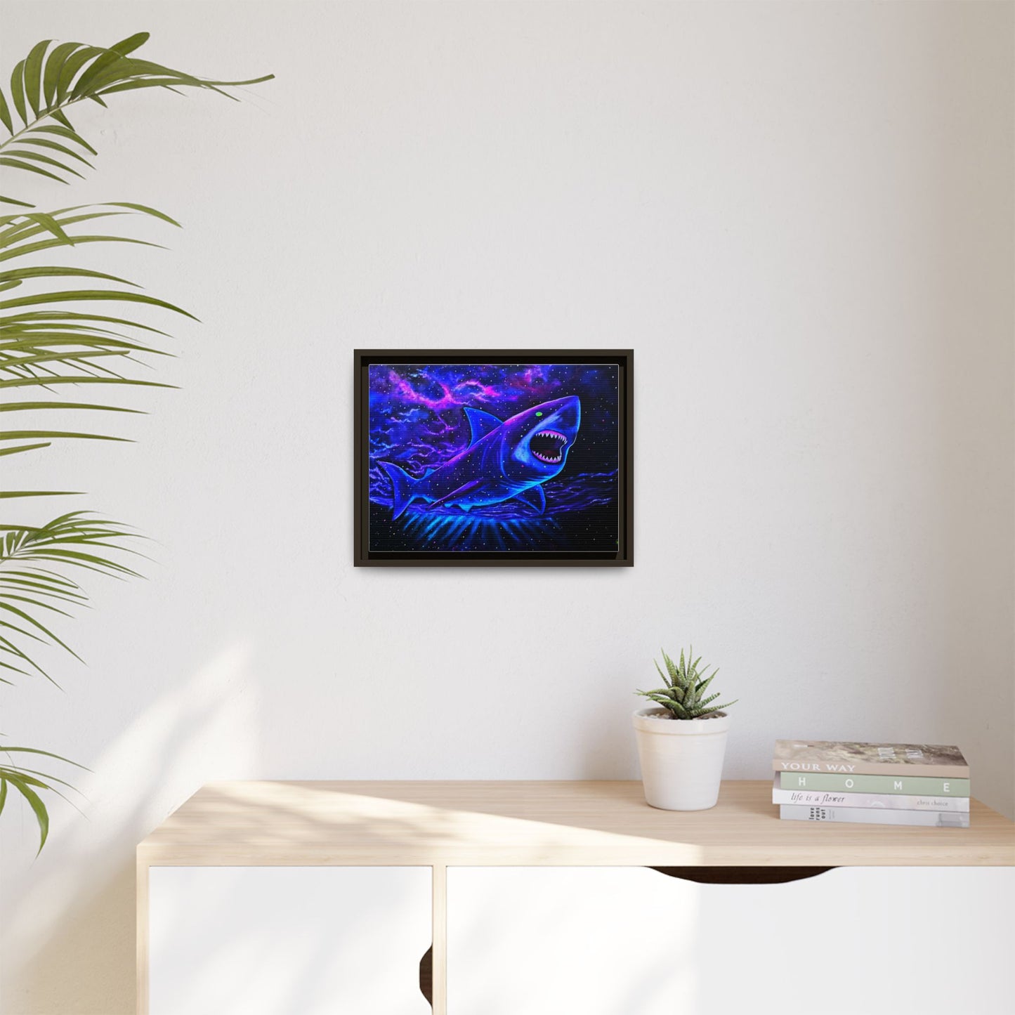 Neon Galaxy Shark Matte Canvas Framed Wall Art