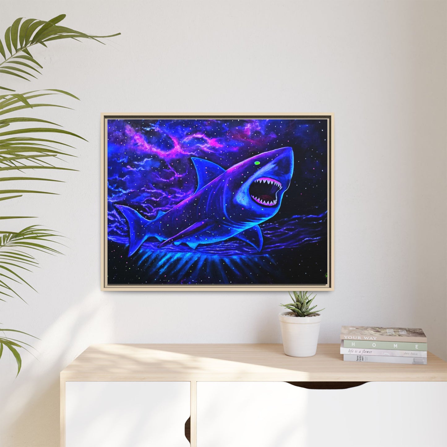 Neon Galaxy Shark Matte Canvas Framed Wall Art