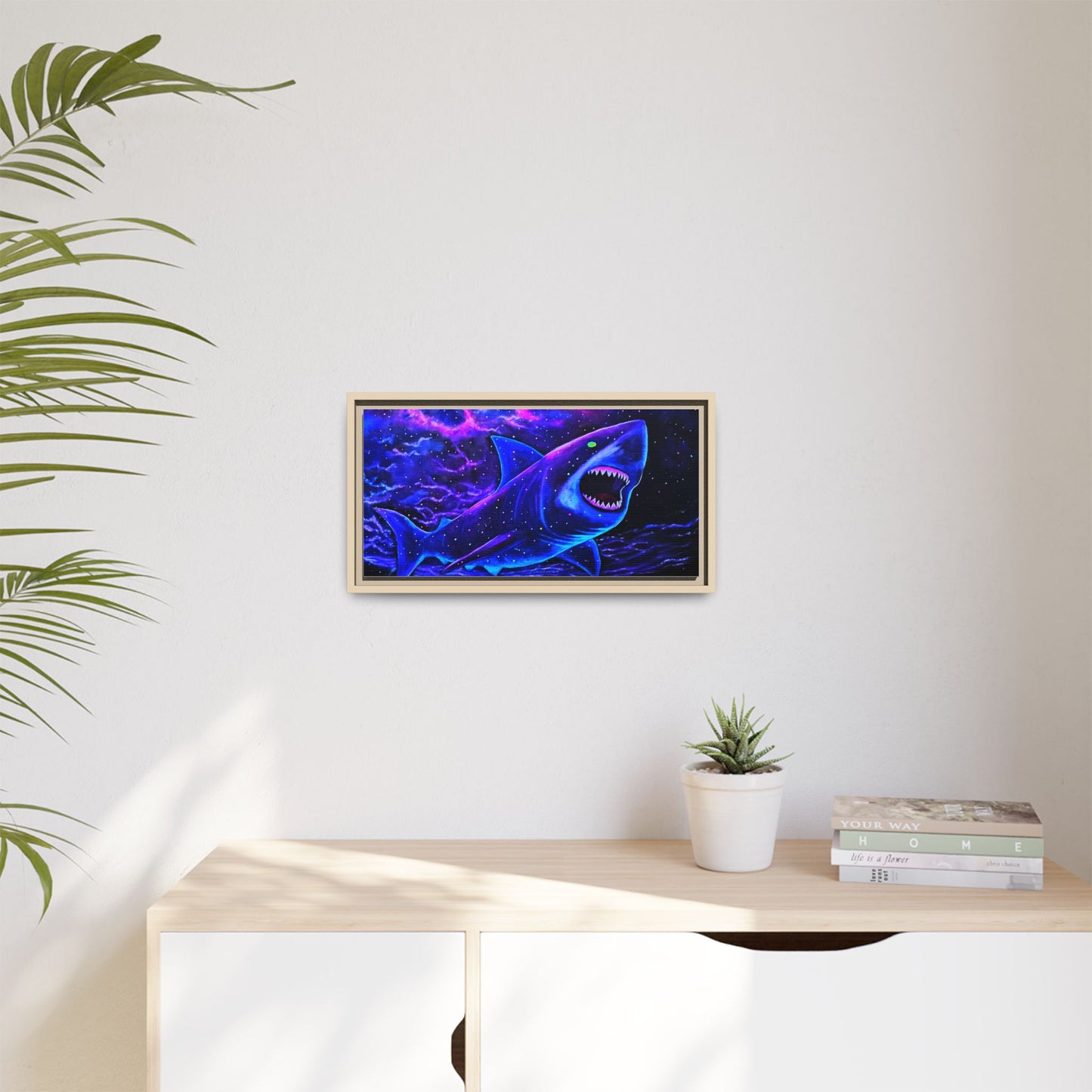 Neon Galaxy Shark Matte Canvas Framed Wall Art