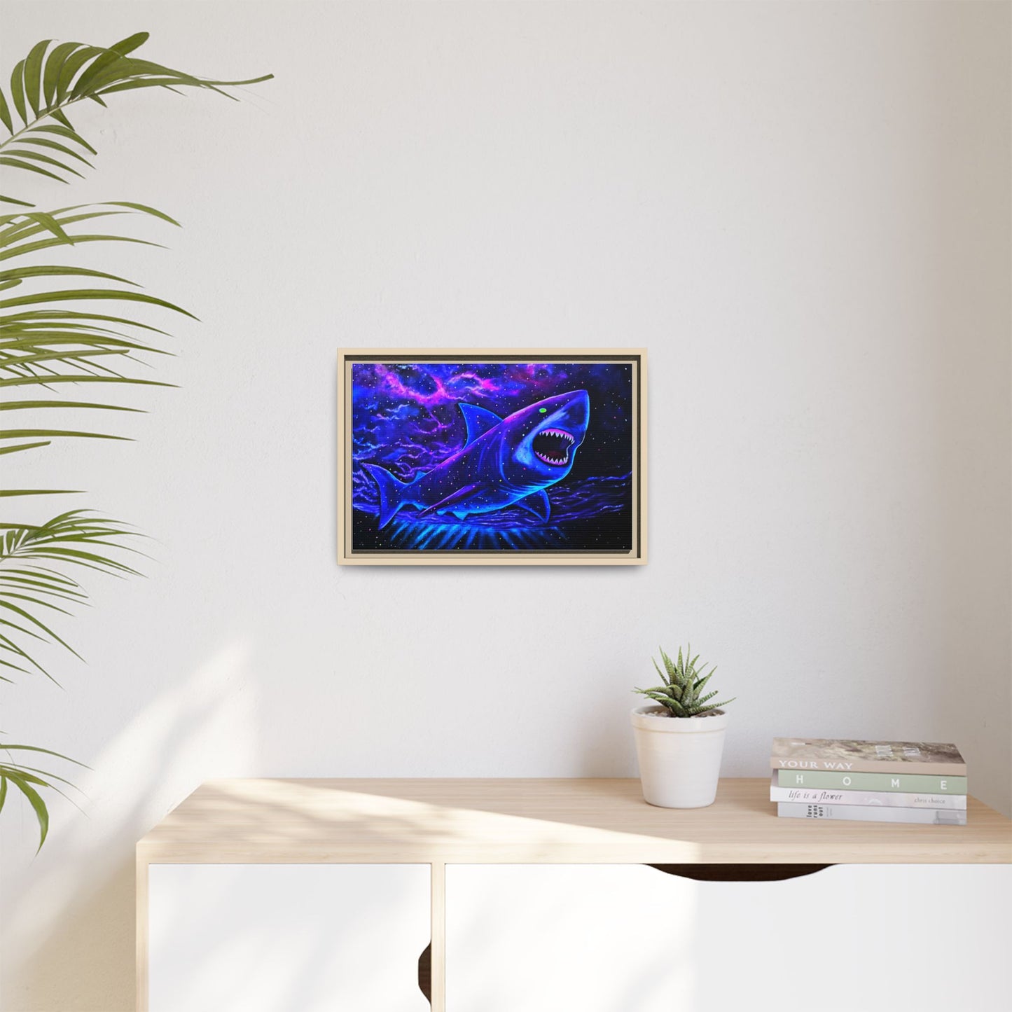 Neon Galaxy Shark Matte Canvas Framed Wall Art