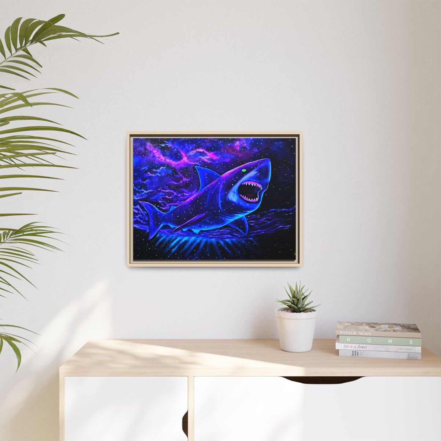 Neon Galaxy Shark Matte Canvas Framed Wall Art