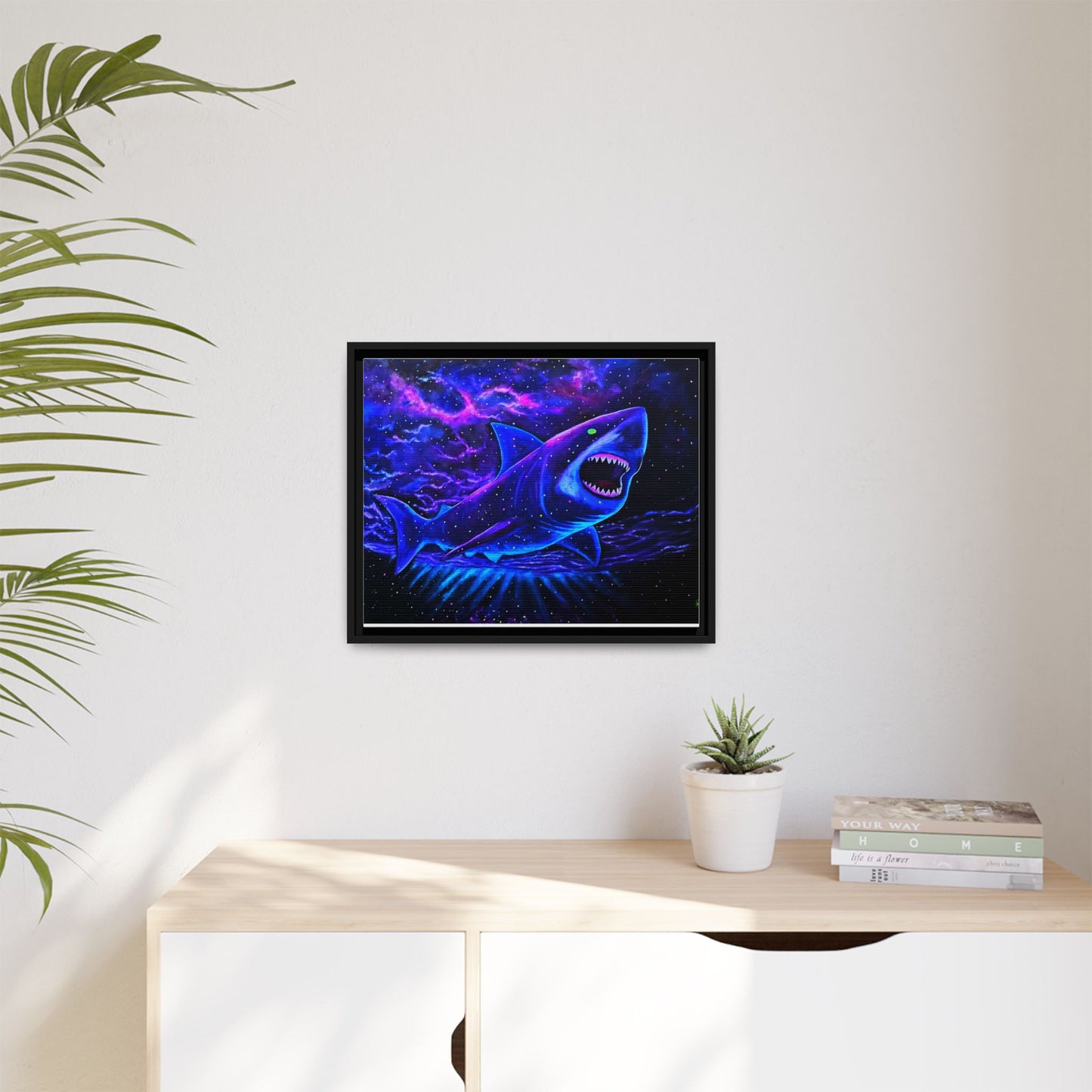 Neon Galaxy Shark Matte Canvas Framed Wall Art