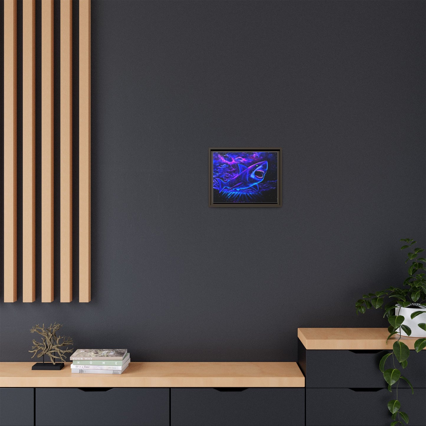 Neon Galaxy Shark Matte Canvas Framed Wall Art