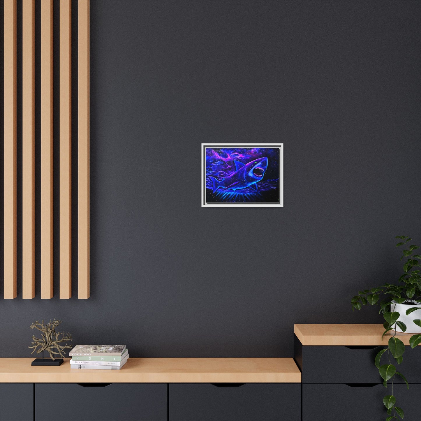 Neon Galaxy Shark Matte Canvas Framed Wall Art