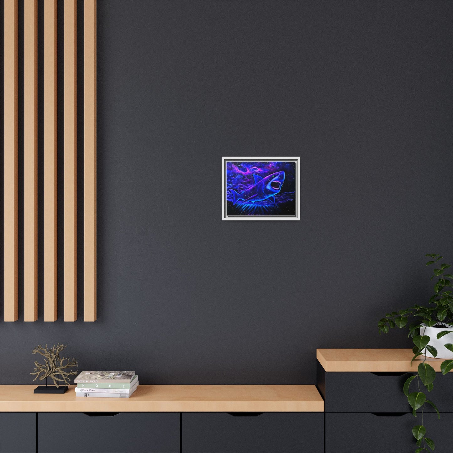 Neon Galaxy Shark Matte Canvas Framed Wall Art