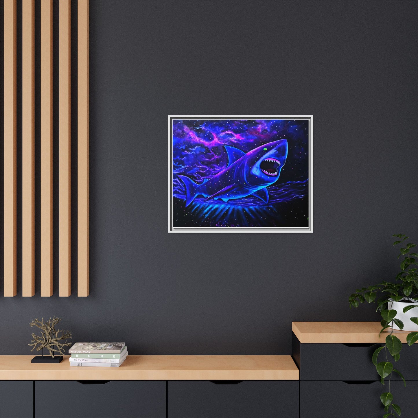 Neon Galaxy Shark Matte Canvas Framed Wall Art