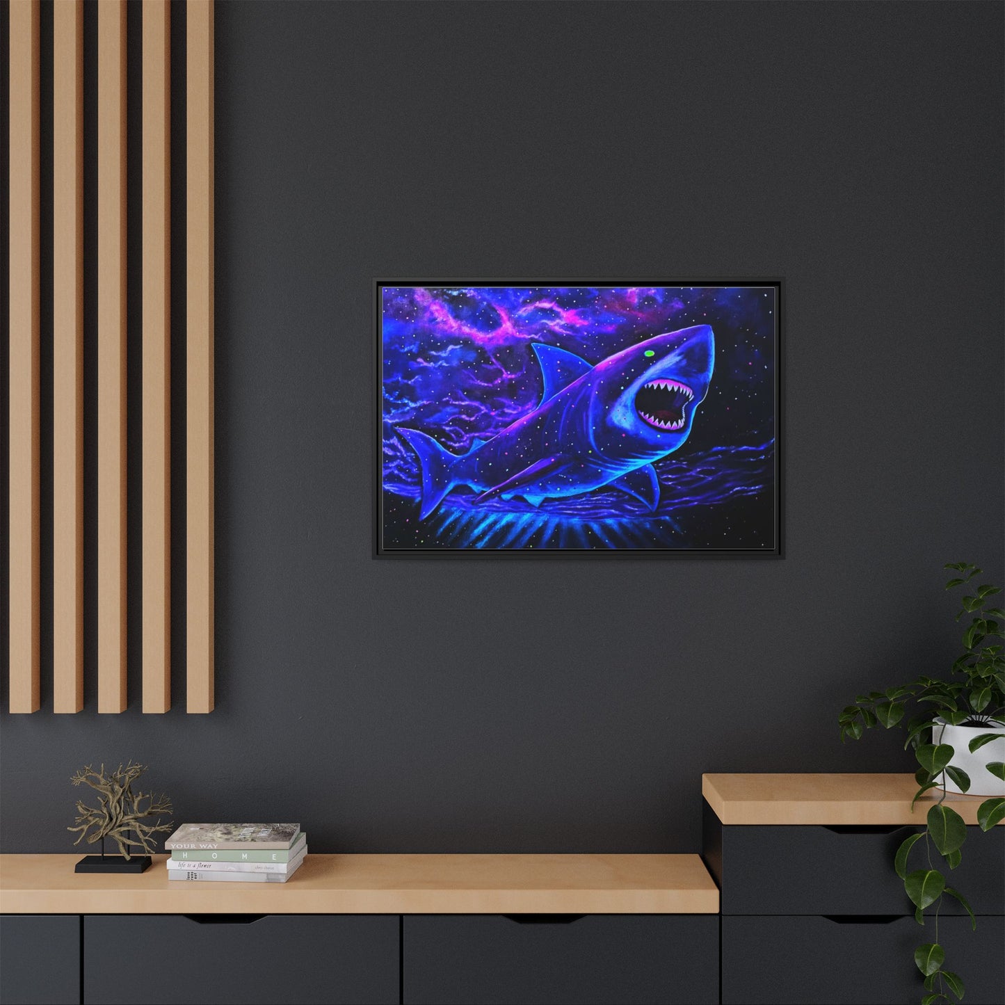 Neon Galaxy Shark Matte Canvas Framed Wall Art