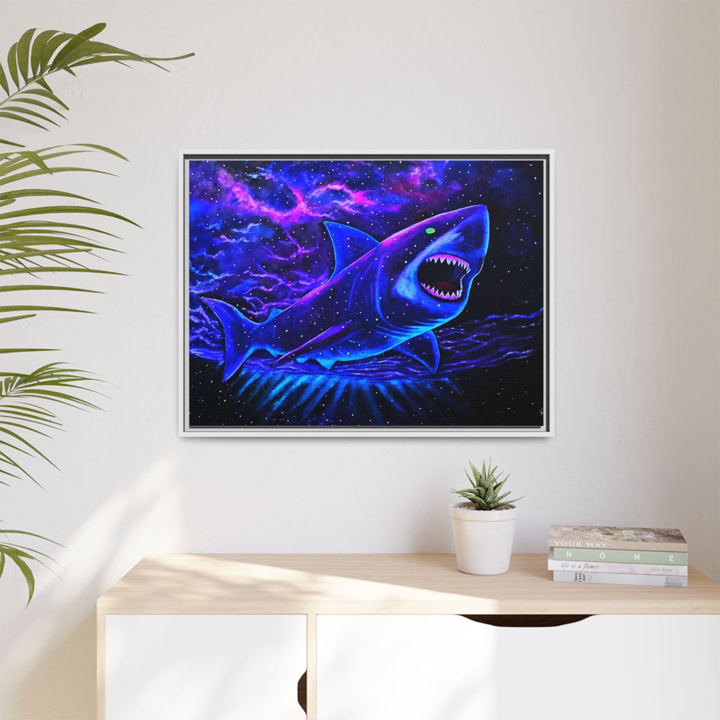 Neon Galaxy Shark Matte Canvas Framed Wall Art