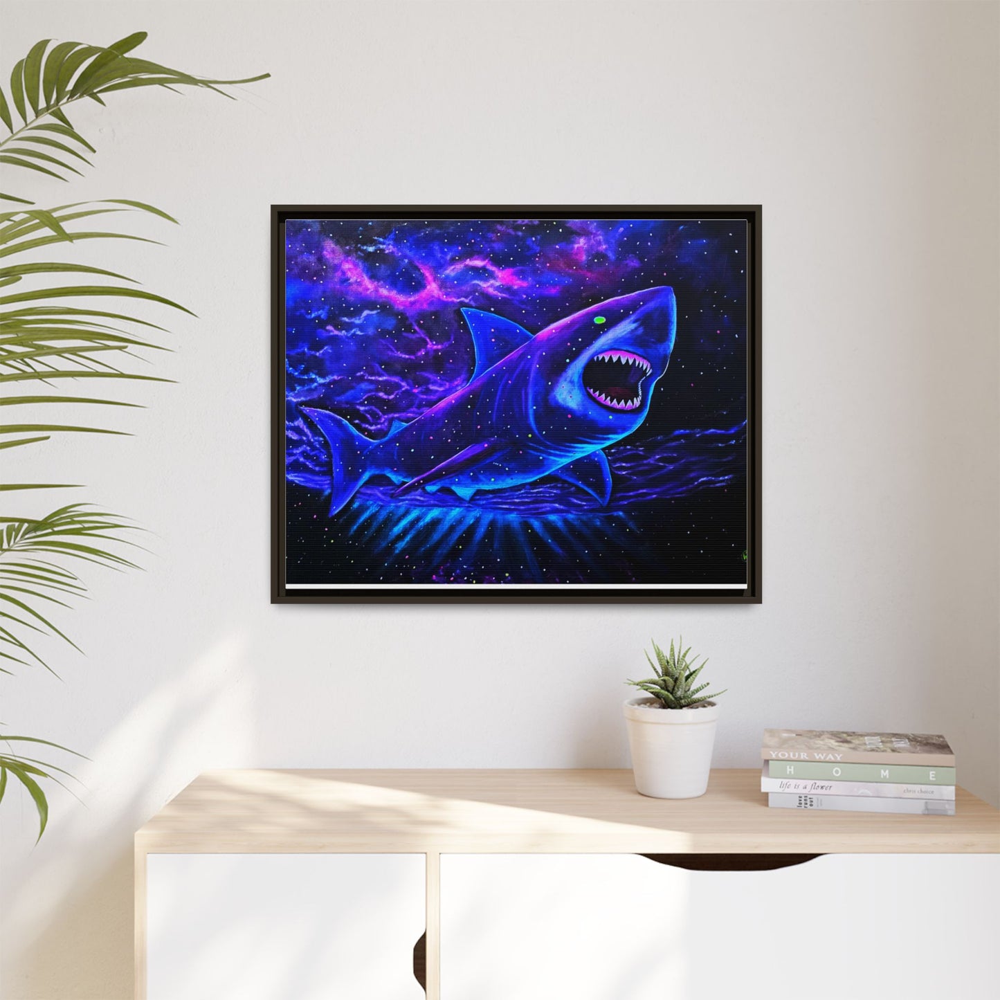 Neon Galaxy Shark Matte Canvas Framed Wall Art