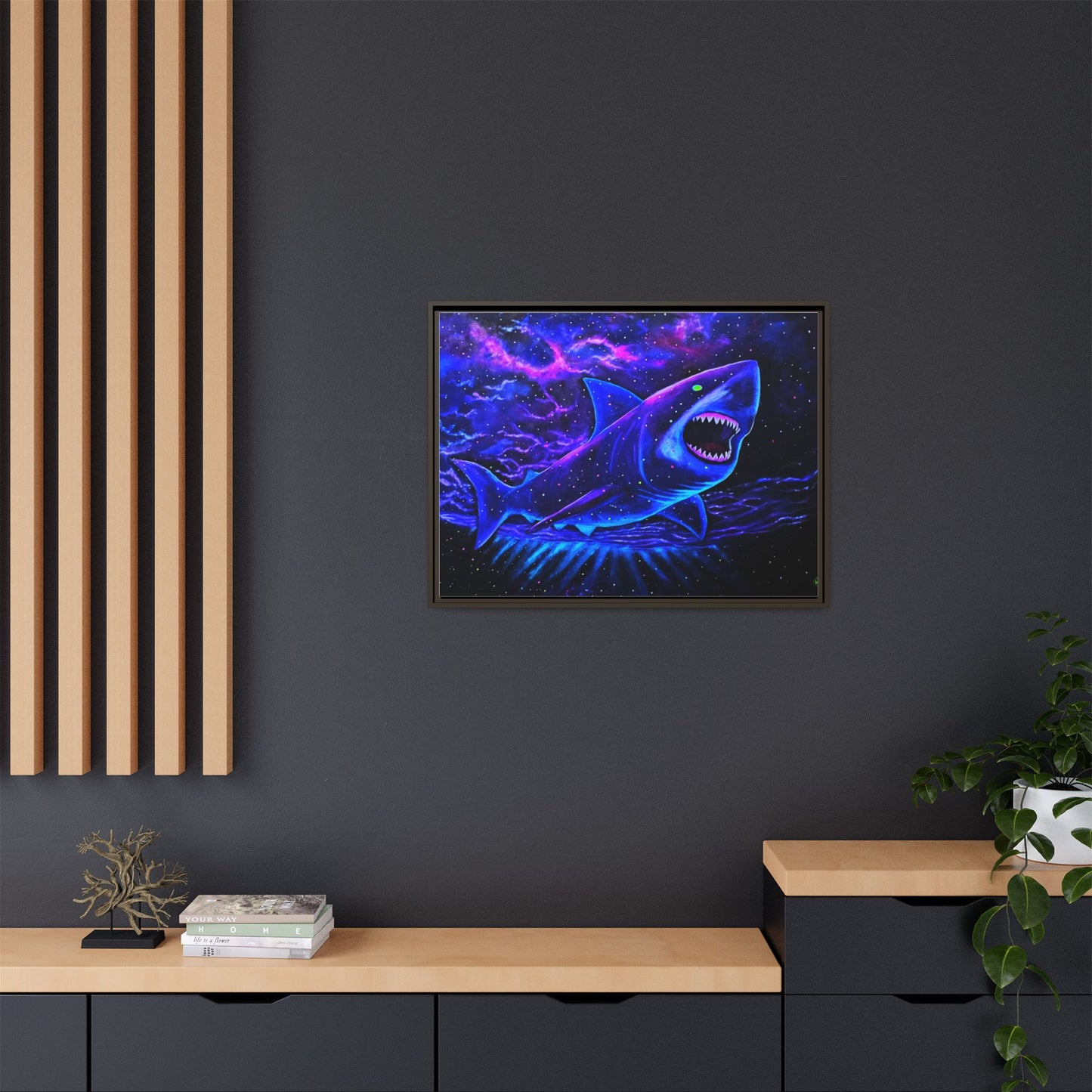 Neon Galaxy Shark Matte Canvas Framed Wall Art