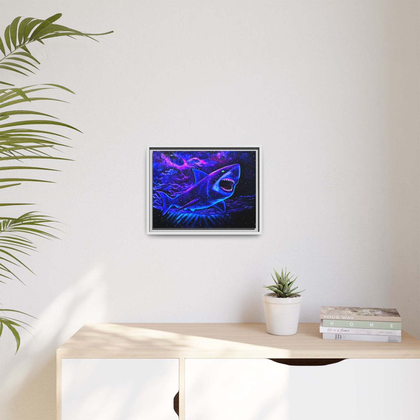 Neon Galaxy Shark Matte Canvas Framed Wall Art