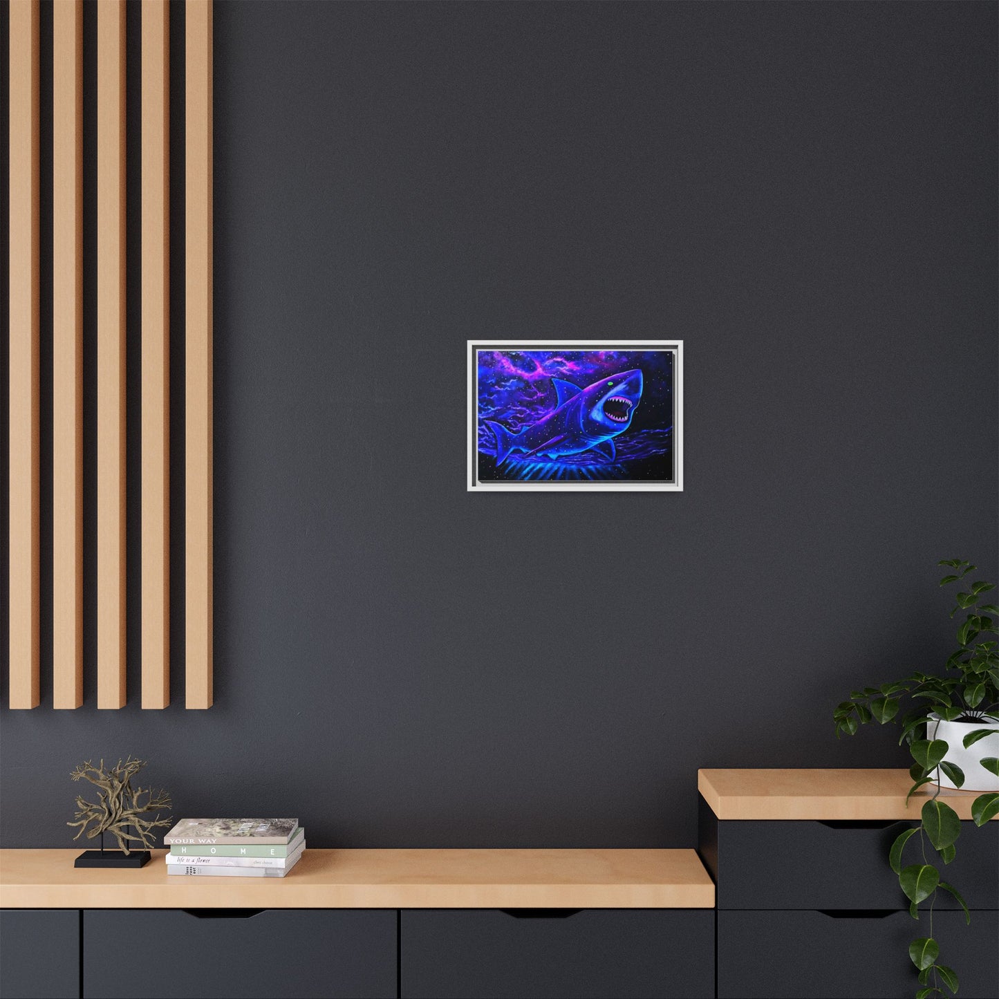 Neon Galaxy Shark Matte Canvas Framed Wall Art
