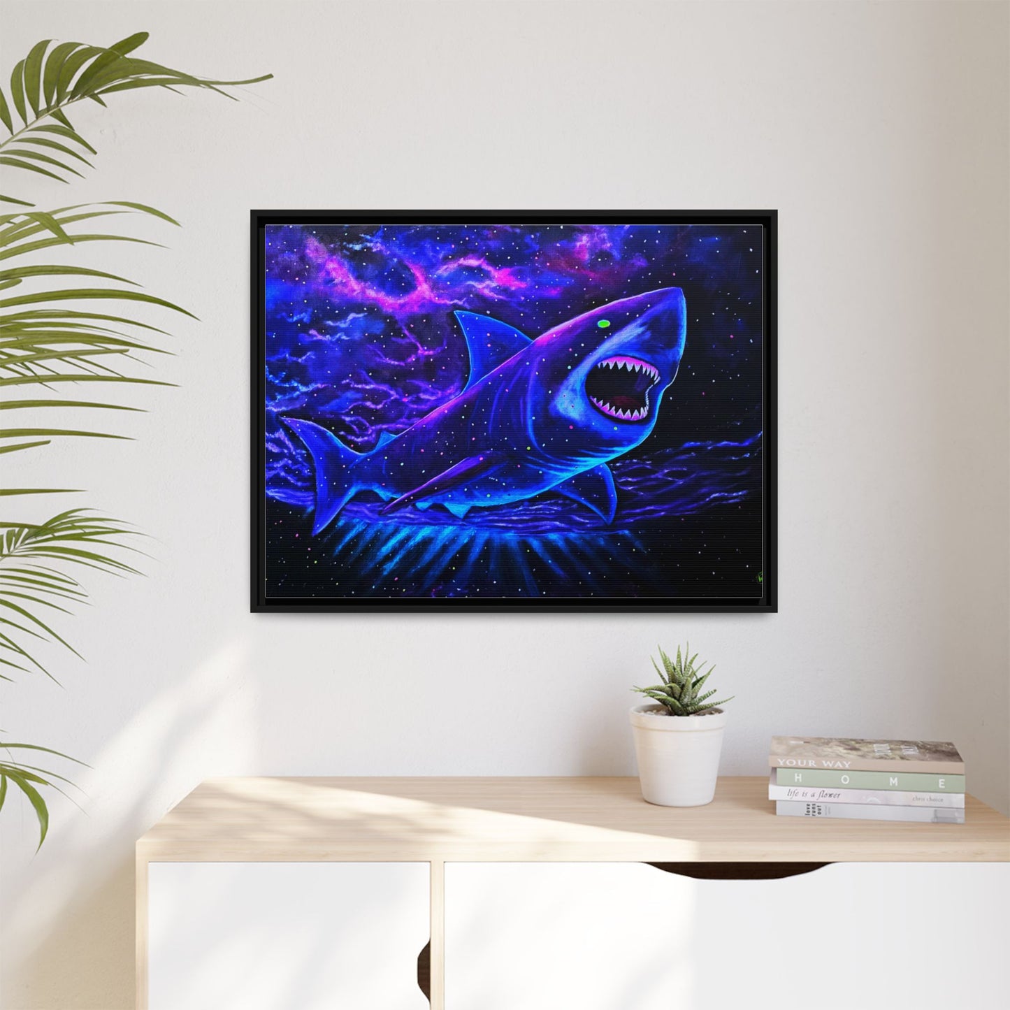 Neon Galaxy Shark Matte Canvas Framed Wall Art