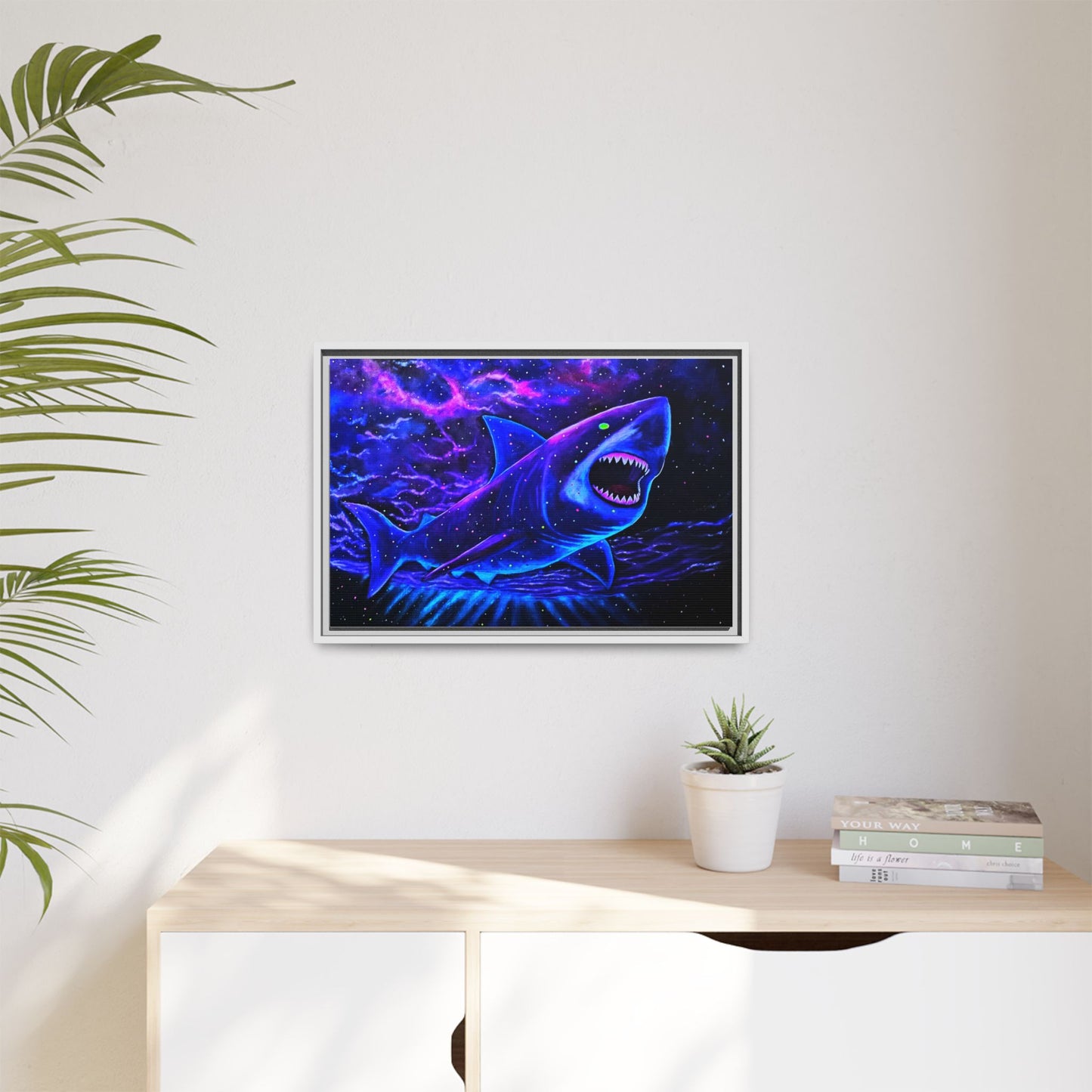 Neon Galaxy Shark Matte Canvas Framed Wall Art