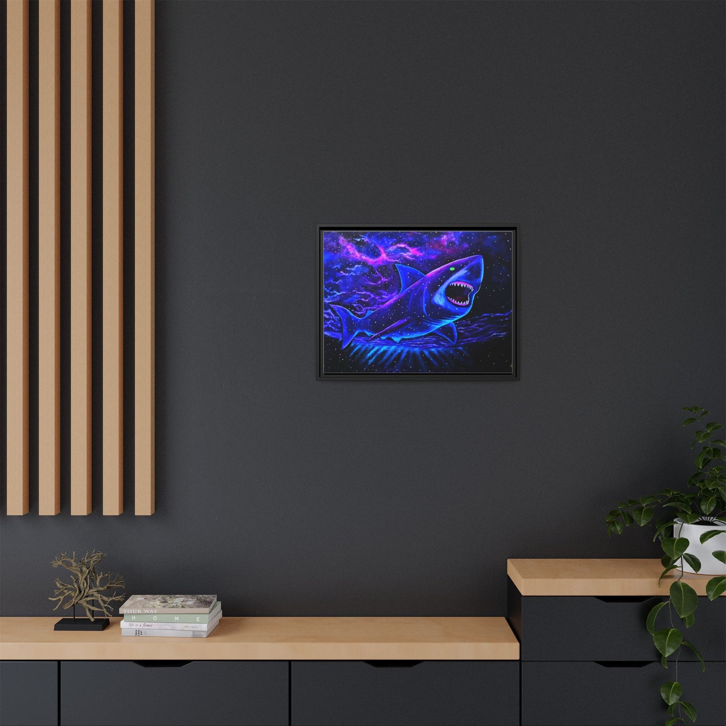 Neon Galaxy Shark Matte Canvas Framed Wall Art