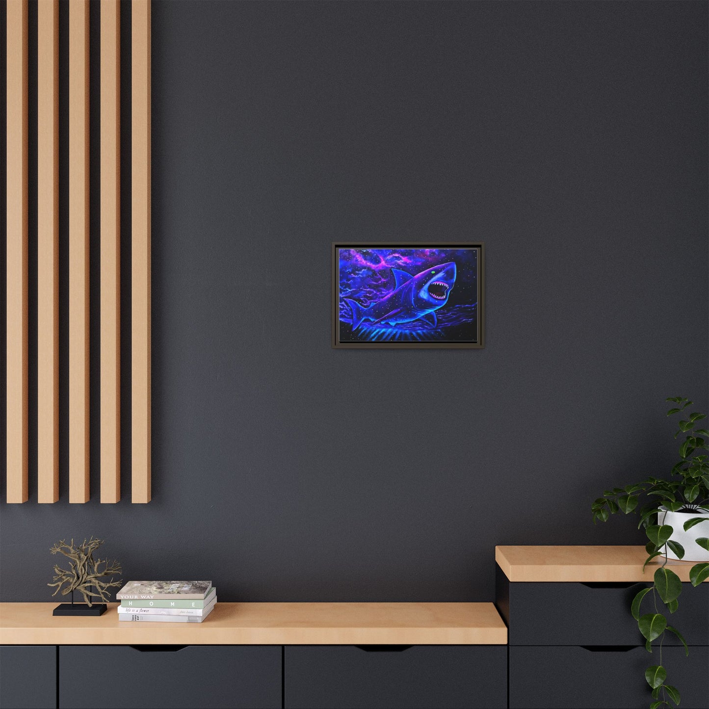 Neon Galaxy Shark Matte Canvas Framed Wall Art