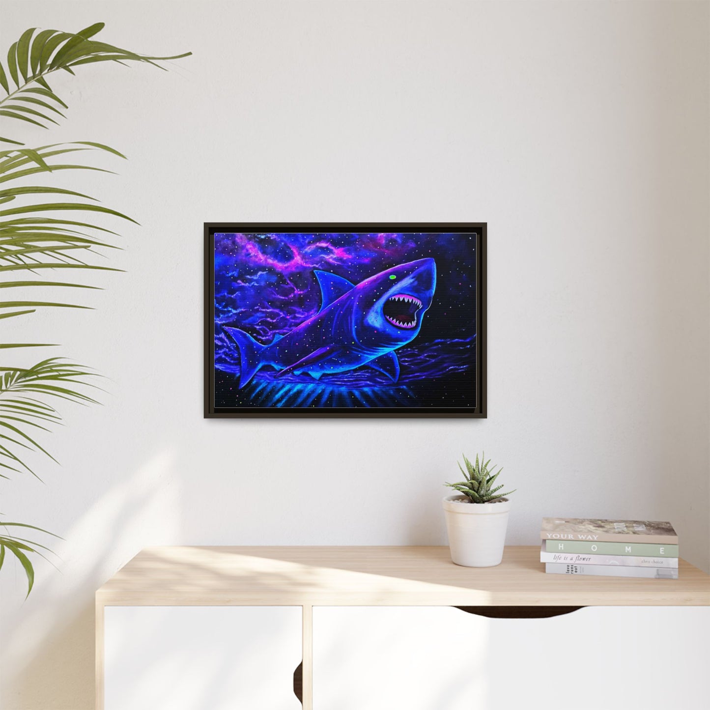 Neon Galaxy Shark Matte Canvas Framed Wall Art