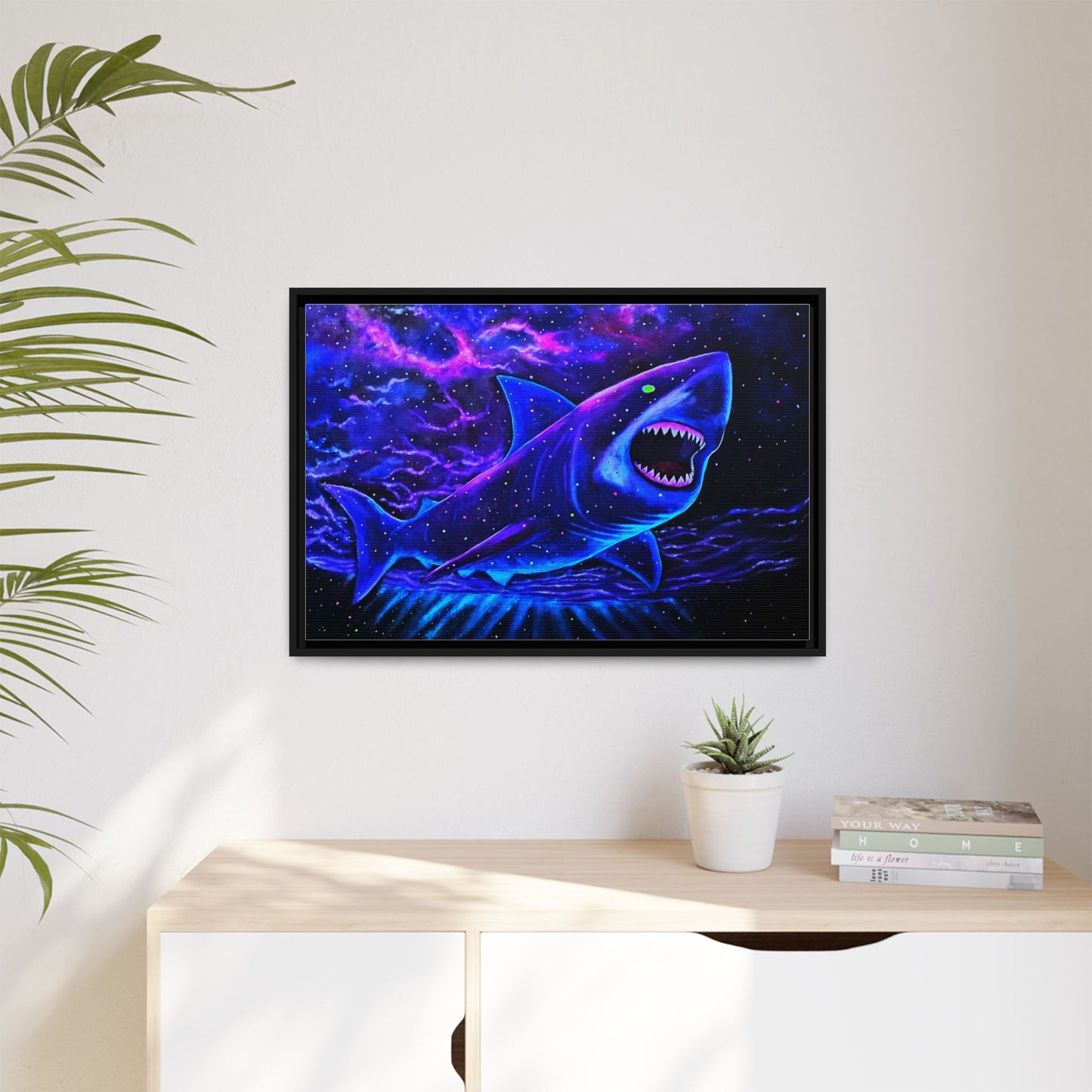 Neon Galaxy Shark Matte Canvas Framed Wall Art