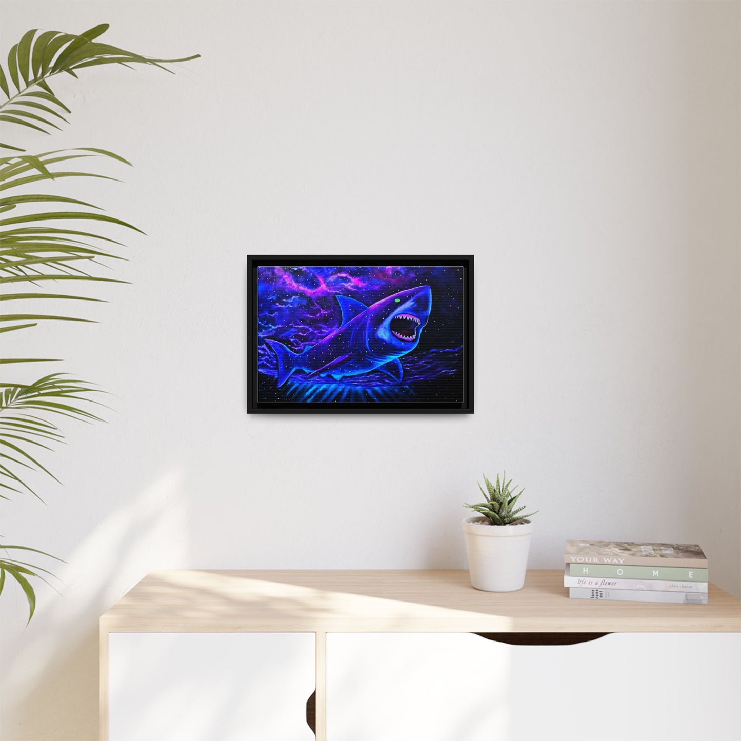Neon Galaxy Shark Matte Canvas Framed Wall Art