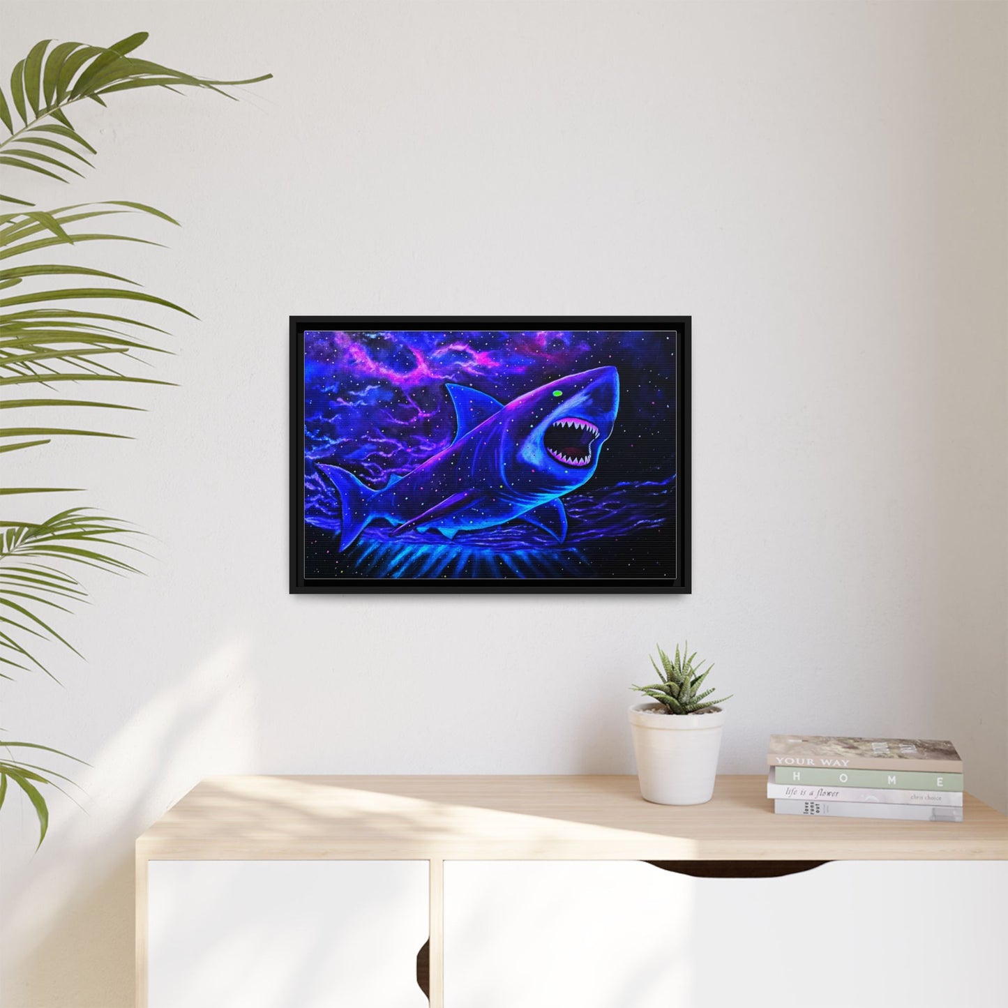 Neon Galaxy Shark Matte Canvas Framed Wall Art