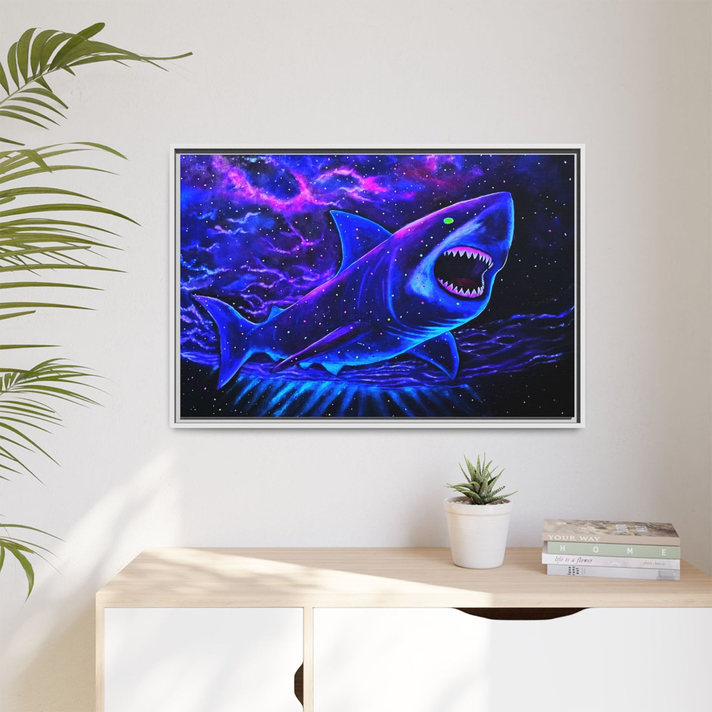 Neon Galaxy Shark Matte Canvas Framed Wall Art
