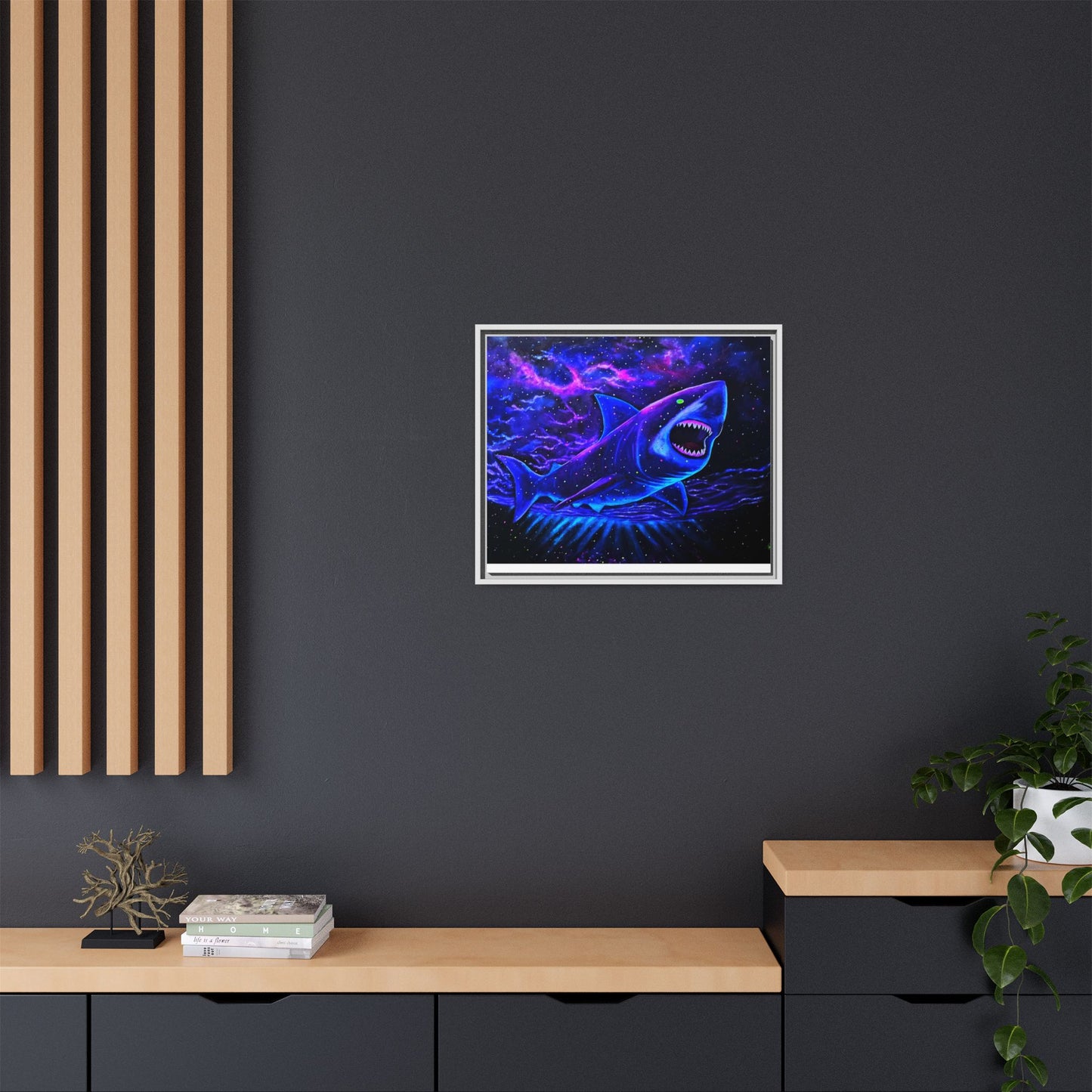Neon Galaxy Shark Matte Canvas Framed Wall Art