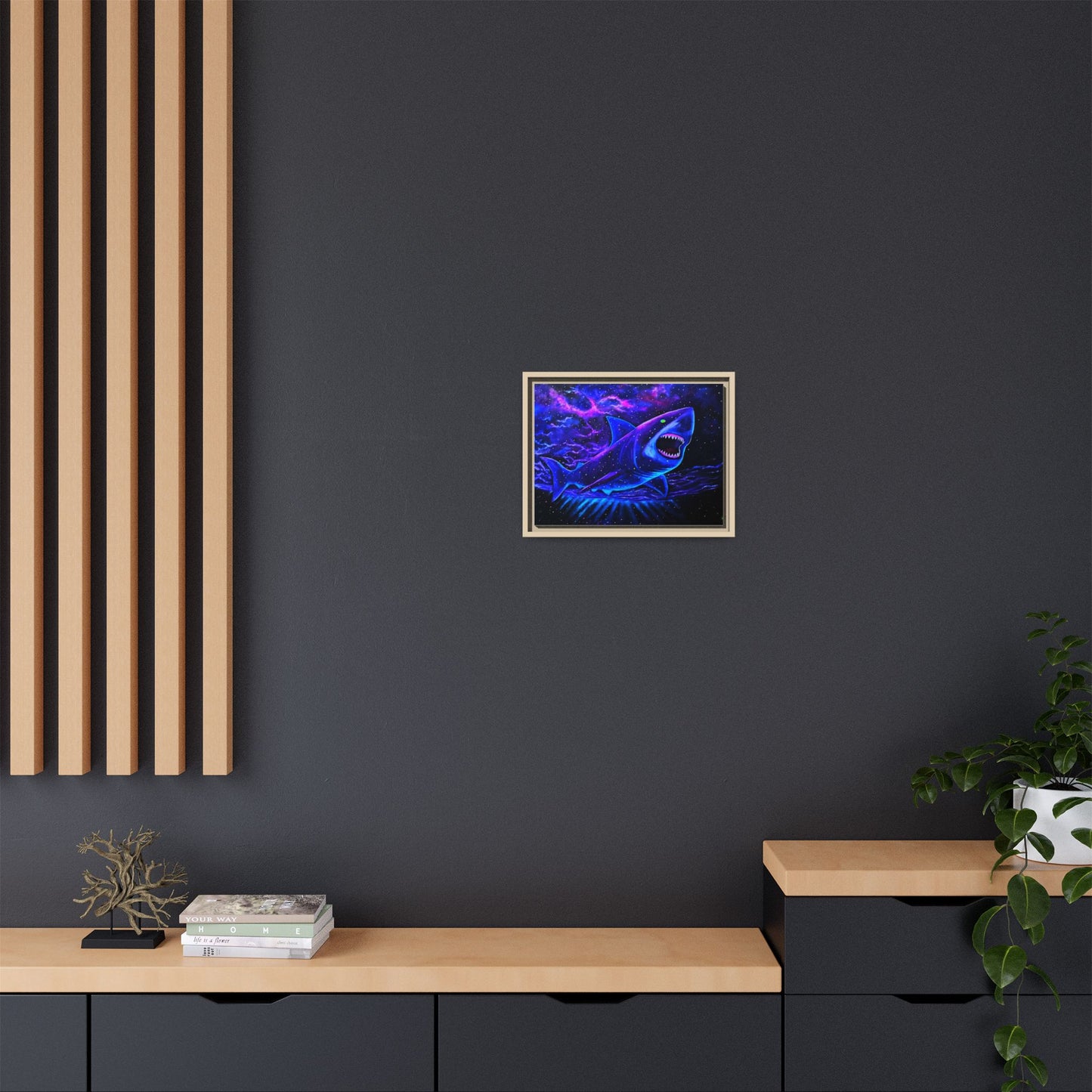 Neon Galaxy Shark Matte Canvas Framed Wall Art